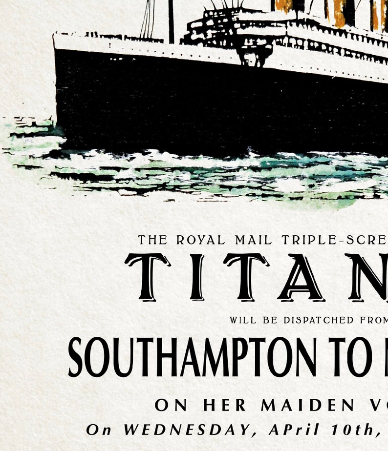 Może przedstawiać: Winietkowy plakat podr&oacute;żny reklamujący dziewiczy rejs RMS Titanica, tr&oacute;jśrubowego liniowca oceanicznego, z Southampton do Nowego Jorku 10 kwietnia 1912 roku.