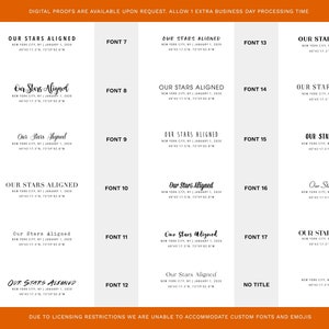 May include: A white background displays text samples in various fonts. Each sample includes the phrase "OUR STARS ALIGNED" with a date and location. The image is a font selection guide, showcasing different styles for potential use.