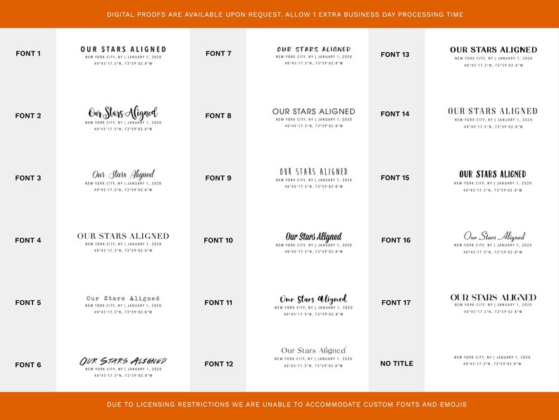 May include: A white background displays text samples in various fonts. Each sample includes the phrase "OUR STARS ALIGNED" with a date and location. The image is a font selection guide, showcasing different styles for potential use.