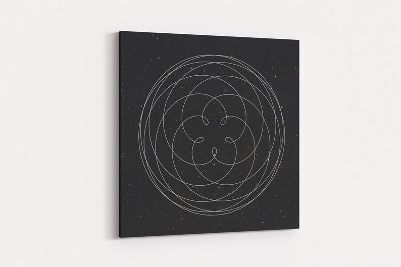 May include: Square canvas art featuring a white, geometric design against a dark, speckled background. The design is a series of interconnected, curved lines forming a circular pattern. The canvas is mounted on a white wall.