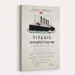 Może przedstawiać: Winietkowy plakat podr&oacute;żny reklamujący dziewiczy rejs RMS Titanic z Southampton do Nowego Jorku 10 kwietnia 1912 roku. Plakat przedstawia czarno-białą ilustrację statku z tekstem "White Star American Line", "Southampton", "New York Service", "Titanic", "Southampton to New York", "On Her Maiden Voyage", "Wednesday, April 10th, 1912", "Calling at Cherbourg and Queenstown", "White Star Dock", "New York City", "37.6 and 10 per 40 Cable Fast", "The White Star Line", "London", "Liverpool", "Southampton".