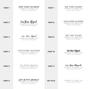May include: A graphic showing 11 different font styles for the text "Our Stars Aligned" with the location "New York City, NY January 1, 2020 40&deg;45'17.5"N, 73&deg;59'02.8"W". The fonts are labeled with numbers 1 through 11. The last font style is labeled "No Title".