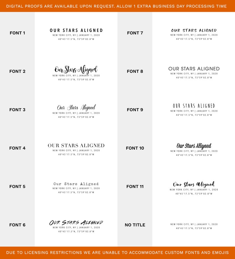 May include: A graphic showing 11 different font styles for the text "Our Stars Aligned" with the location "New York City, NY January 1, 2020 40&deg;45'17.5"N, 73&deg;59'02.8"W". The fonts are labeled with numbers 1 through 11. The last font style is labeled "No Title".