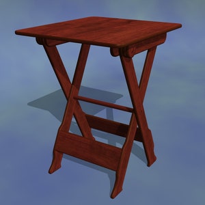 Puede incluir: Una mesa plegable de madera marrón oscuro con una tapa cuadrada y una base en forma de X. La mesa está hecha de madera y tiene un diseño simple.