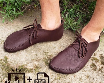 May include: A pair of brown leather moccasins with laces. The moccasins are shown on a person's feet. The image includes a plus sign and the word "PDF" to indicate that a downloadable pattern is included.