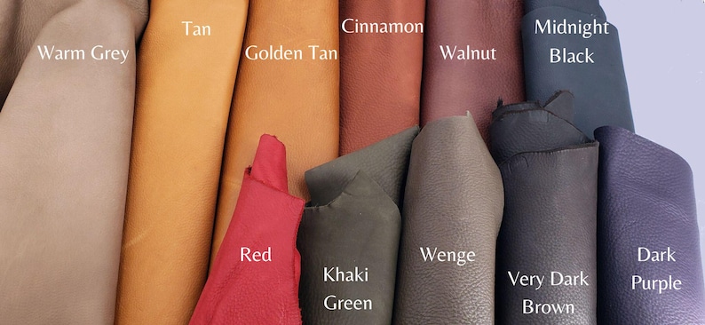 May include: Leather swatches in various colors, including warm grey, tan, golden tan, cinnamon, walnut, midnight black, red, wenge, khaki green, very dark brown, and dark purple.