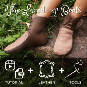 May include: A pair of brown leather laced-up boots with a tutorial, leather, and tools icons. The text "The Laced-up Boots" is at the top of the image.
