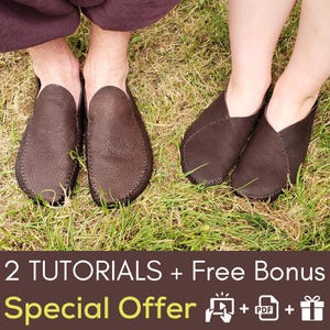 May include: Two pairs of brown leather moccasins on a bed of green grass. The text "2 TUTORIALS + Free Bonus Special Offer" is displayed at the bottom of the image.
