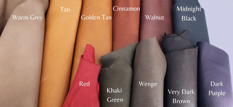 Pode incluir: Amostras de couro em v&aacute;rias cores, incluindo cinza quente, marrom claro, marrom dourado, canela, noz, preto meia-noite, vermelho, wengu&eacute;, verde c&aacute;qui, marrom muito escuro e roxo escuro.