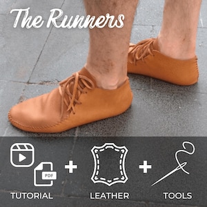 May include: A pair of brown leather shoes with laces. The shoes are called "The Runners" and are made with leather and tools. A video tutorial is included.