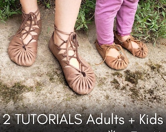 May include: Two pairs of brown leather sandals with laces. The sandals are on a concrete surface with green moss. The text "2 TUTORIALS Adults + Kids Special Offer" is at the bottom of the image.