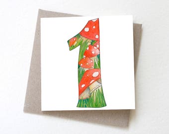 First Birthday 1 // Number 1, 1st birthday card, Number 1 birthday, Turning 1, Greeting card, Colourful card, Toadstools, red
