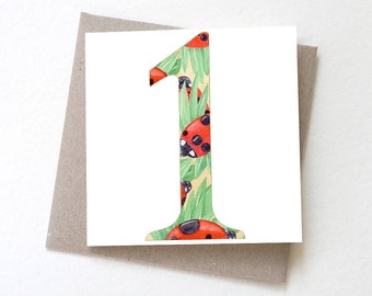 Ladybug Number One 1st Birthday Card, Watercolor Art