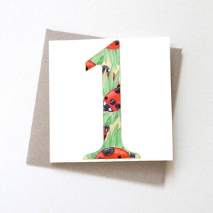 Coccinelles numéro 1 // Carte premier anniversaire, carte 1er anniversaire, anniversaire numéro 1, carte d’âge, carte de vœux, carte colorée, coccinelles