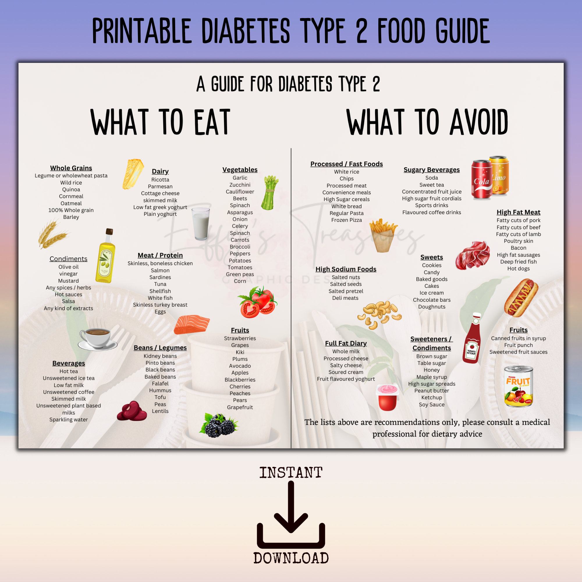 Diabetic Food Chart Printable Diabetes Type 2 Food List Poster Etsy UK
