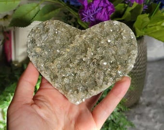 Green Himalayan Quartz Druzy Heart | Sparkling Natural Crystal Cluster | High Vibration Healing Stone | Collector Display Piece