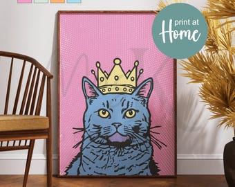 Printable Cat Queen Pop Art Print: A3 Wall Poster (Digital Download)