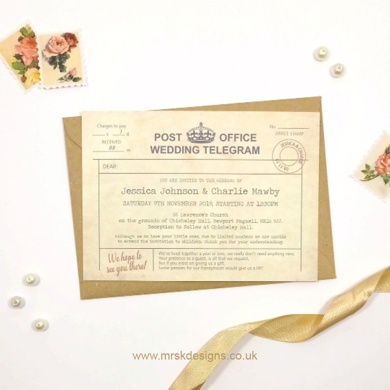 JESSICA Vintage Telegram Wedding Invitation, Vintage Wedding Invites, Telegram Invitation, Old Style Wedding Invitations, Telegram Wedding image 1