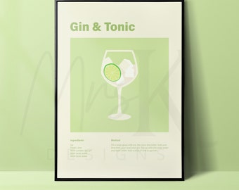 Gin & Tonic-Druck, digitaler Download zum Ausdrucken, Bar-Druck, Cocktail-Druck