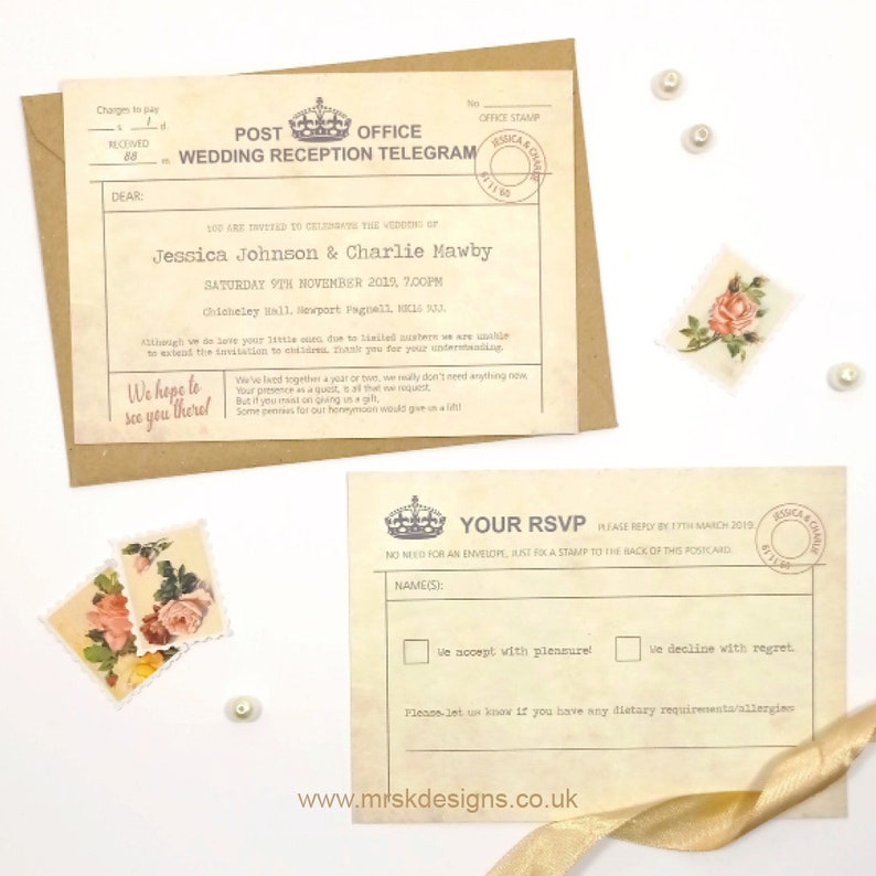 JESSICA Vintage Telegram Wedding Invitation, Vintage Wedding Invites, Telegram Invitation, Old Style Wedding Invitations, Telegram Wedding image 4