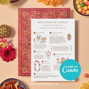 Könnte beinhalten: Eine rosa Hochzeitskarte mit goldenen floralen Designs und dem Text "BRIDE & GROOM GET MARRIED!!" und "SATURDAY 18 SEPTEMBER 2027". Die Karte enthält einen detaillierten Zeitplan und dekorative Elemente.