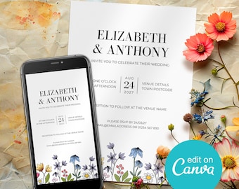 Sjabloon handgetekende bloemen bruiloft uitnodiging, afdrukbare lentetuin uitnodiging ELIZABETH