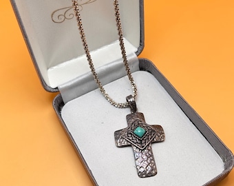 925 Barse Sterling Silver Natural Turquoise Thick Cross Pendant Necklace, Vintage Authentic Designer Sterling Natural Stone Hammered Metal