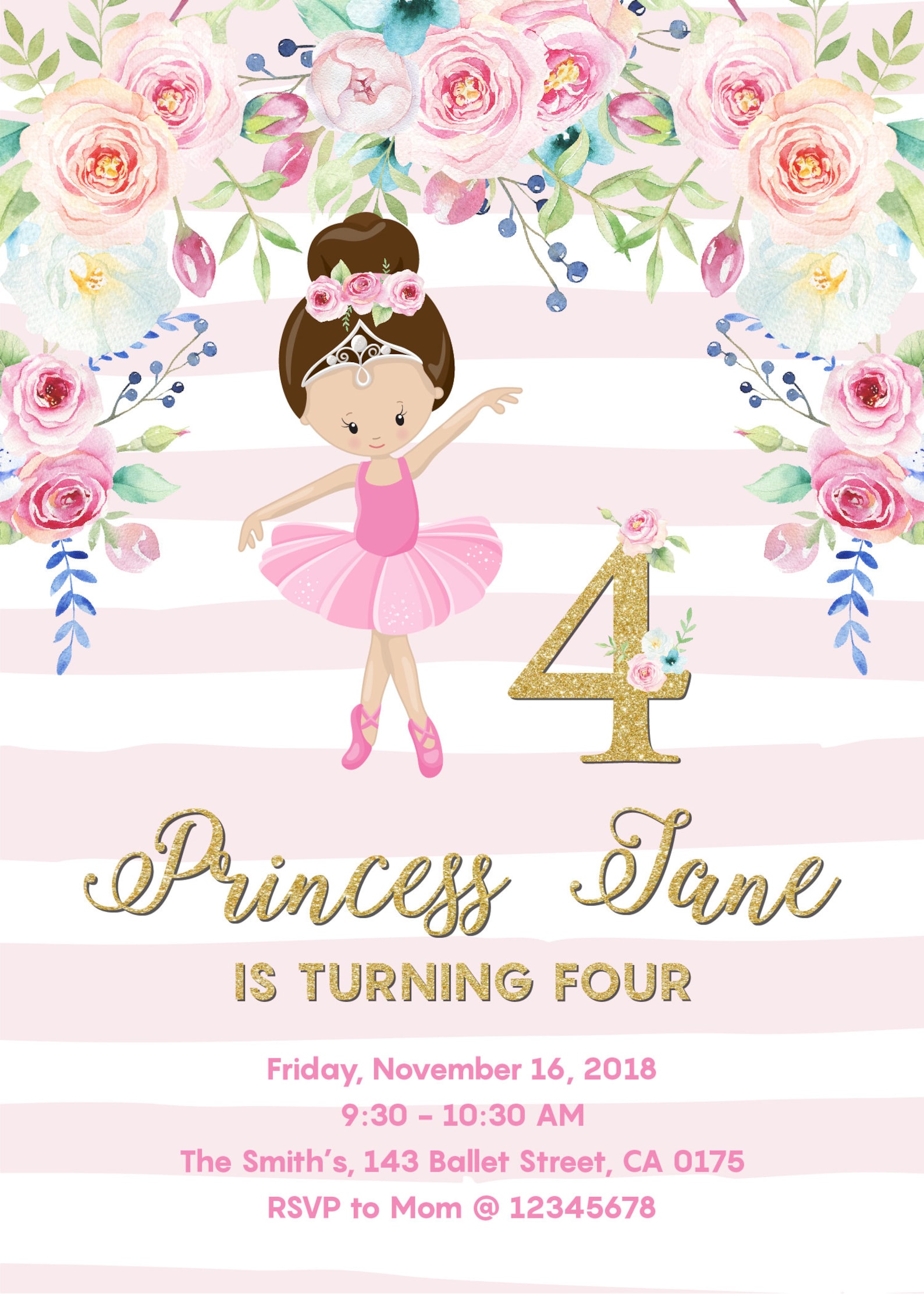 ballerina invitation • floral invitations • birthday invitation • baby shower invitation • pastel flowers, pink ballet, gold gli