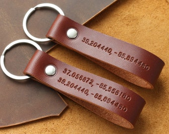 Custom Leather Keychain, Personalized Leather Key Ring, Coordinate Leather Keychain, GPS Latitude Longitude Coordinate Keychain, Anniversary