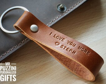 Personalized Leather Keychain Custom Keychain I love you more keychain Leather Personalize Key chain Personalized Gift 3rd Anniversary Gift