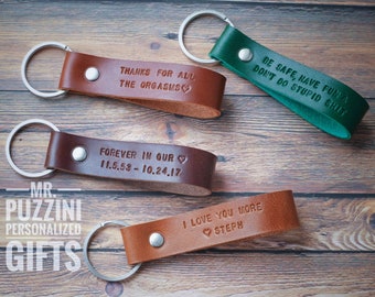 Personalized Custom Leather Keychain Leather GPS Keyring Hand Stamped Dyed Personalized couple Keychain Personalized 3rd Anniversary Gift