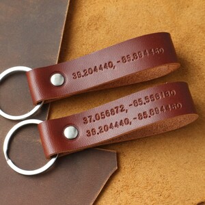 Personalized Leather Keychain Custom Leather Keychain Monogrammed Leather personalized Keychain Coordinates key fob leather Stamped Keychain image 4