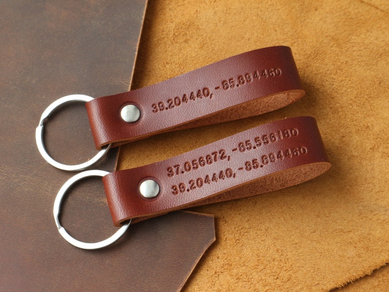 Personalized Leather Keychain Custom Leather Keychain Monogrammed Leather personalized Keychain Coordinates key fob leather Stamped Keychain image 4