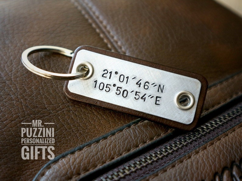 Personalized leather keychain GPS coordinates keychain Etsy