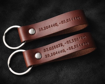 Personalized leather keychain - GPS coordinates longitude latitude - Hipster Custom Keychain - Hand Stamped - Personalized Gift