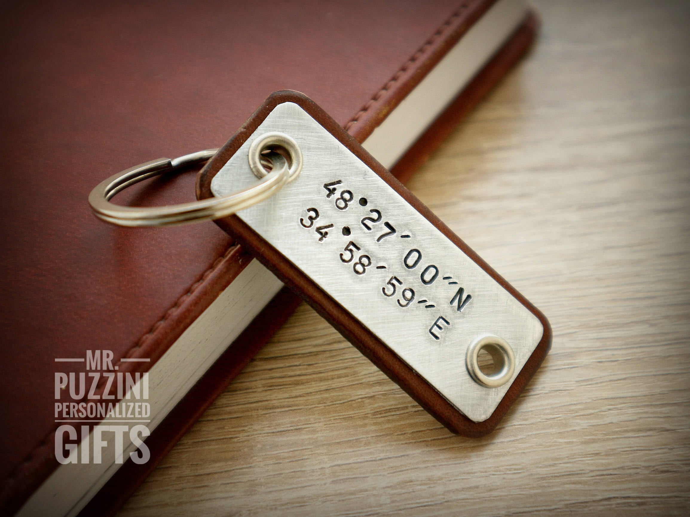 Personalized leather keychain GPS coordinates keychain Etsy