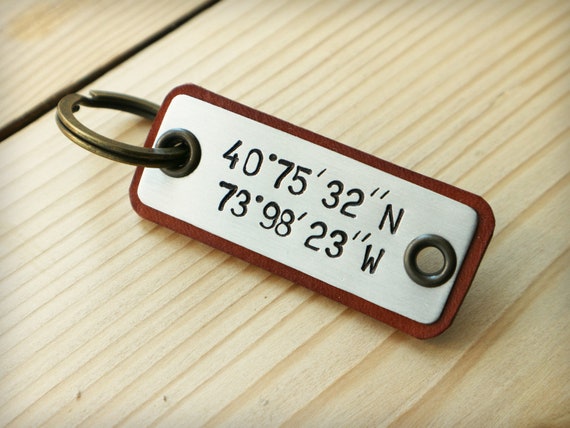 Personalized leather keychain GPS coordinates keychain | Etsy