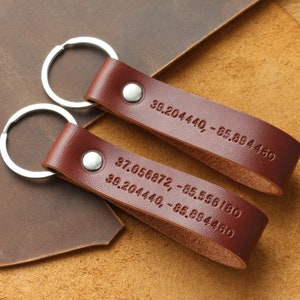 Personalized Leather Keychain Custom Leather Keychain Monogrammed Leather personalized Keychain Coordinates key fob leather Stamped Keychain image 3