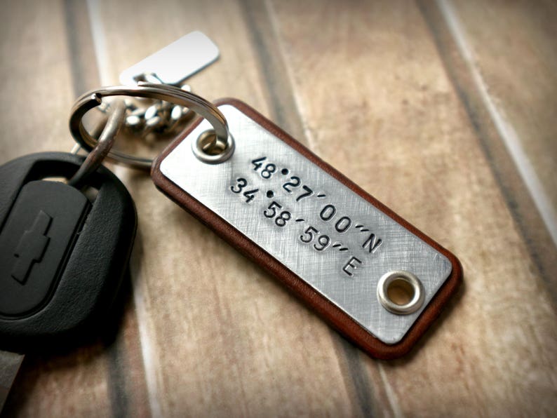 Personalized leather keychain GPS coordinates keychain Etsy