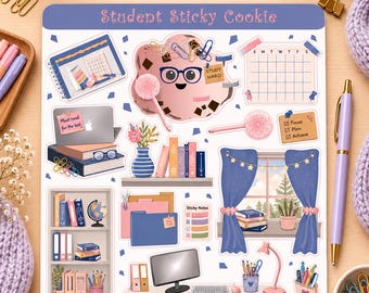 May include: A digital and printable sticker sheet titled Student Sticky Cookie featuring various academic-themed illustrations including a cookie character with glasses, a calendar, a bookshelf, a desk setup, folders, and stationery items.