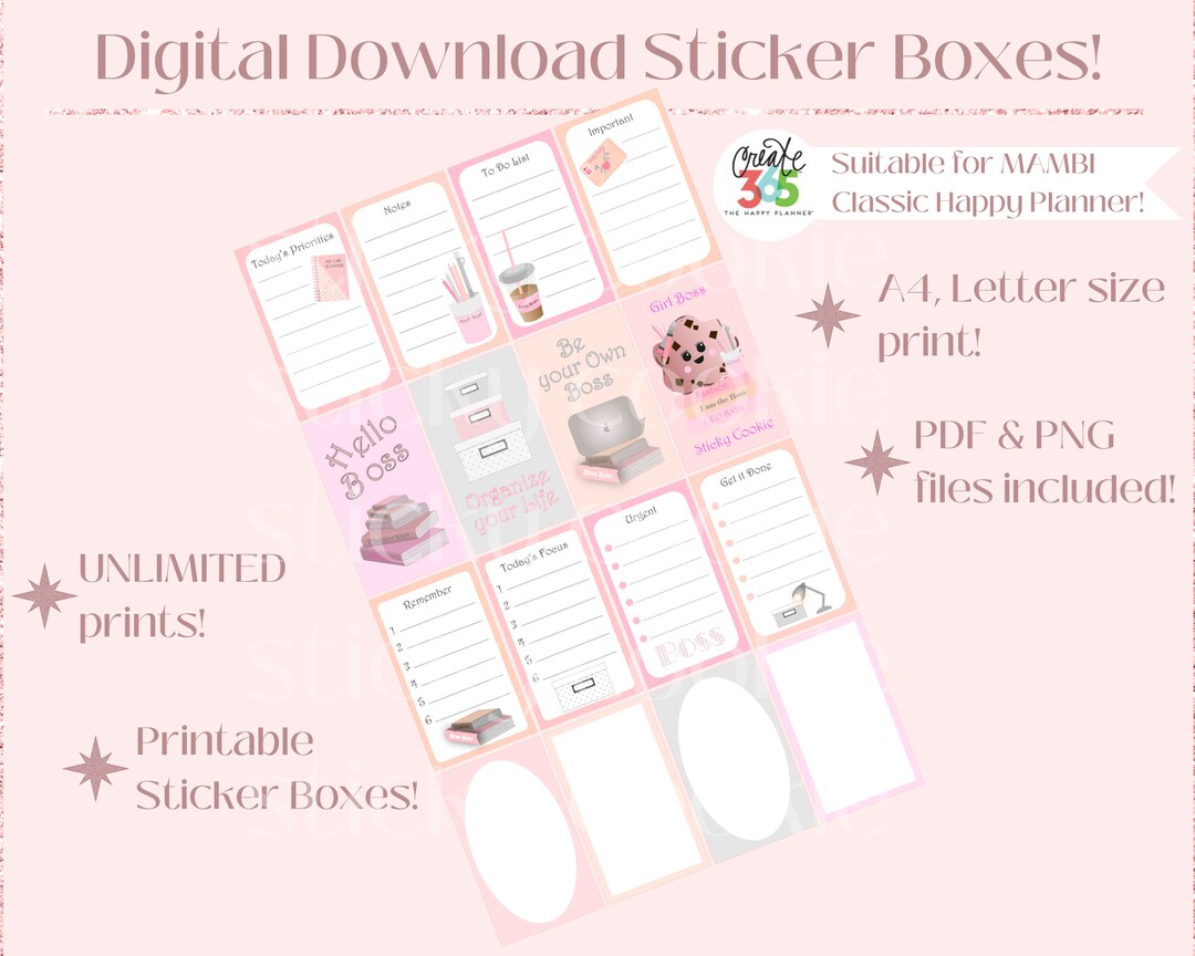 Printable Classic Happy Planner Sticker Boxes, Girl Boss Sticker Boxes