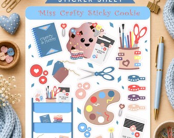 May include: A digital and printable sticker sheet titled Miss Crafty Sticky Cookie featuring various craft-themed illustrations including a notebook, a cookie character, a pencil cup, scissors, a rolling cart, a paint palette, and sticker books.