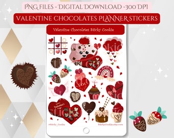 Digital Valentine Chocolates stickers, Downloadable Printable Chocolate hearts PNG Planner stickers