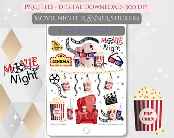 Digital Movie Night stickers, Downloadable Printable Cinema movie PNG Planner stickers