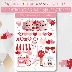 Pegatinas digitales de San Valentín Tú y yo, pegatinas imprimibles descargables de San Valentín Amor Pareja corazones PNG Planner pegatinas