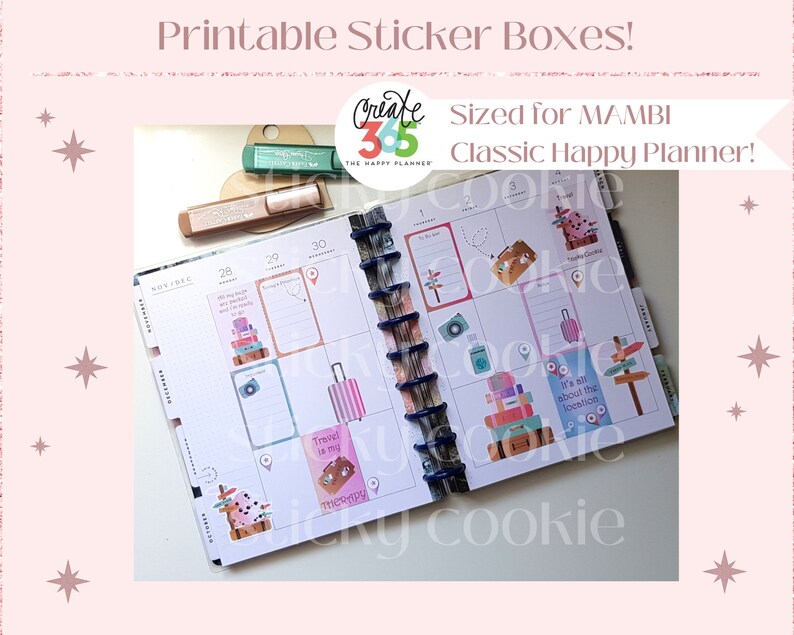 Printable Classic Happy Planner Sticker Boxes, Travel Sticker Boxes, HP