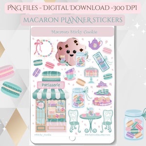 Digitale Patisserie Shop Aufkleber, herunterladbare druckbare französische Macarons Clipart PNG Planner Aufkleber
