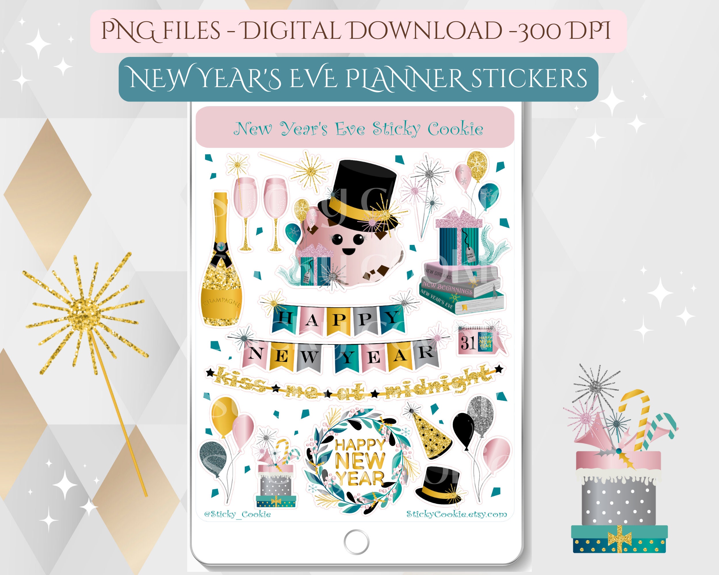new year's eve planner stickers: printable png (digital download