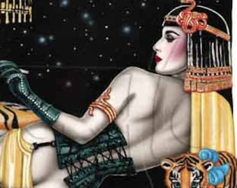 Cleopatra in Rom with Tiger tigers gemalt von Sara Horwath feine Details Kunstdruck glossy pinup Burlesque kunst _105