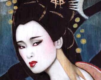 schwarzer Pfau Geisha Japan china Gong Li black peacock Kunstdruck aufwendige Zeichnung Illustration Malerei Gemälde von Sara Horwath _059